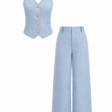 Light Blue Halter Neck Vest and Wide Leg Trousers Two-Piece Set