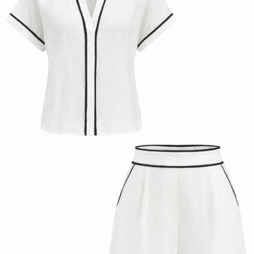 White Contrast Piping Short Sleeve Top and Pleated Shorts Set