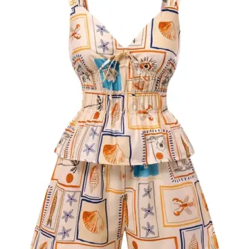 Cream Maritime Print V-Neck Peplum Top and Wide-Leg Shorts Set