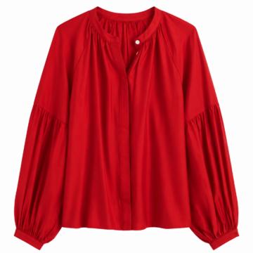 Red Split Neck Buttoned Cuff Flowy Blouse