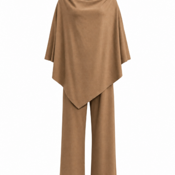 Camel Brown Cowl Neck Poncho Top and Wide Leg Pants Set
