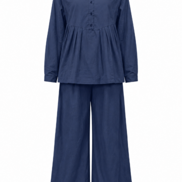 Navy Band Collar Long Sleeve Top and Wide Leg Trousers Set