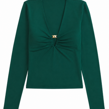 Dark Green Ruched V-Neck Long Sleeve Top with Gold Clasp