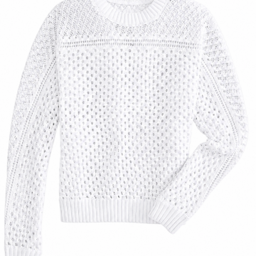 White Open-Knit Crewneck Sweater with Eyelet Detail