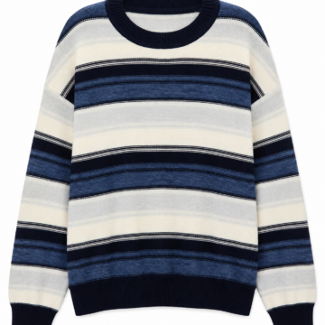 Navy Blue Multi-Stripe Oversized Crewneck Sweater
