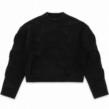 Black Cropped Cable-Knit Crewneck Sweater
