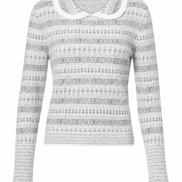 Light Grey Heathered Jacquard Knit Top with White Rounded Collar