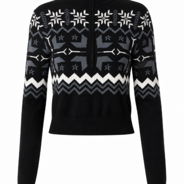 Black Slim Fit Mock Neck Zip Sweater with Winter Geometric Pattern