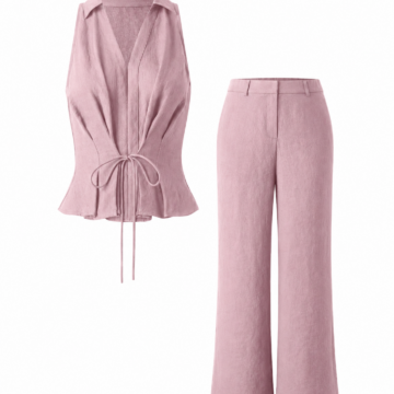 Dusty Rose Sleeveless Collared Peplum Top and Wide-Leg Pants Set
