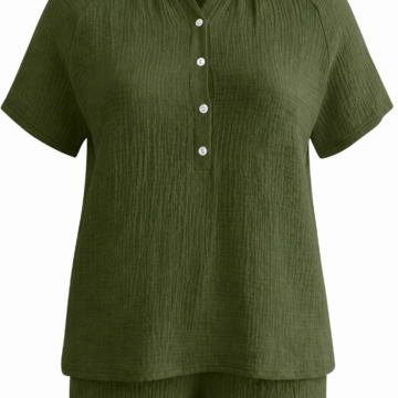 Dark Olive Green Crinkled Collared Top and Cuffed Shorts Set