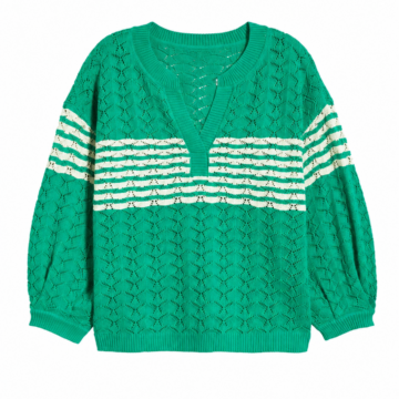 Green Oversized V-Neck Pointelle Knit Sweater with Cream Stripes