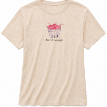 Light Beige Heathered Relaxed Fit Crew Neck Cherry Graphic T-Shirt