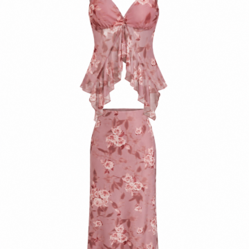 Dusty Rose Floral Print Cami and Midi Skirt Set
