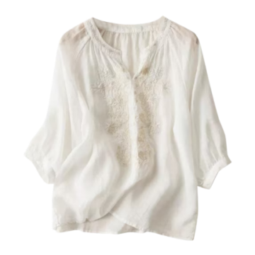 White Floral Lace Panel Peasant Blouse with 3/4 Sleeves