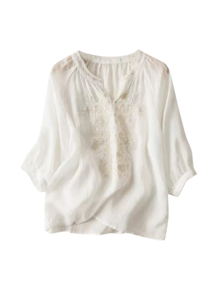 White Floral Lace Panel Peasant Blouse with 3/4 Sleeves
