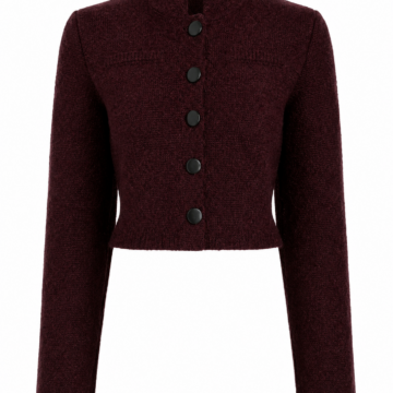 Burgundy Cropped Knit Cardigan with Stand Collar